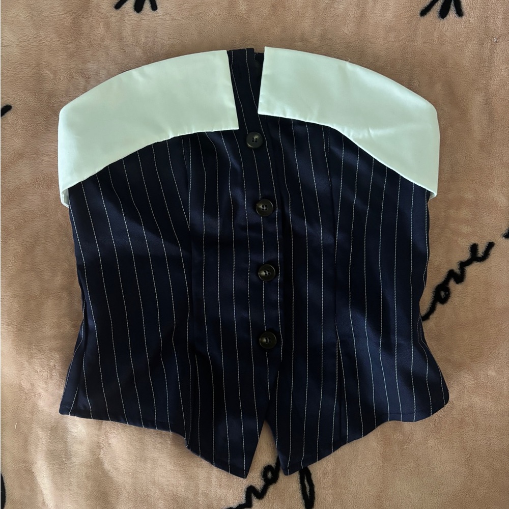 Navy Pinstripe Top with White Accents